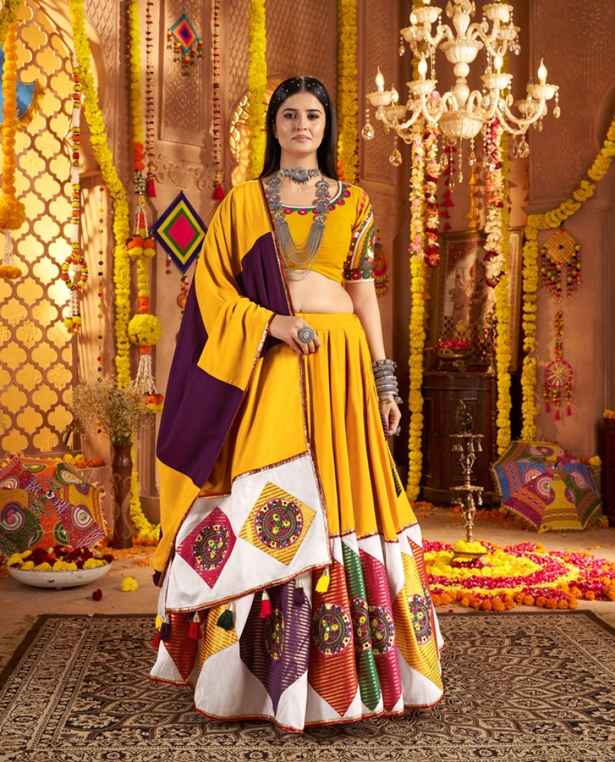 11042-yellow - Garba Elegance in Mustard Yellow Patchwork Splendor